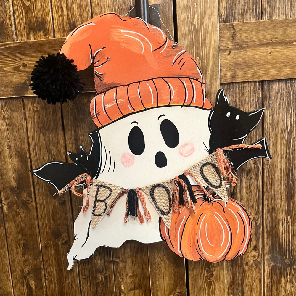 Halloween Ghost Wooden Door Hanger Boo Banner Pumpkin Bats Wall Decor 21x19